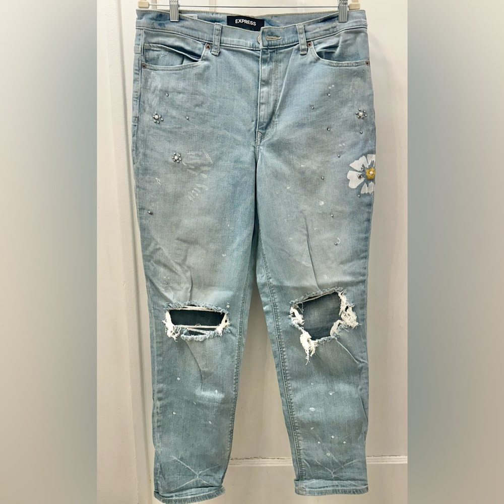 Distressed & Embellished Girlfriend High Rise Jeans - Picture 5 of 8